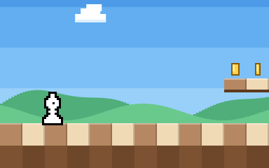 a white bishop running across a checkerboard ground